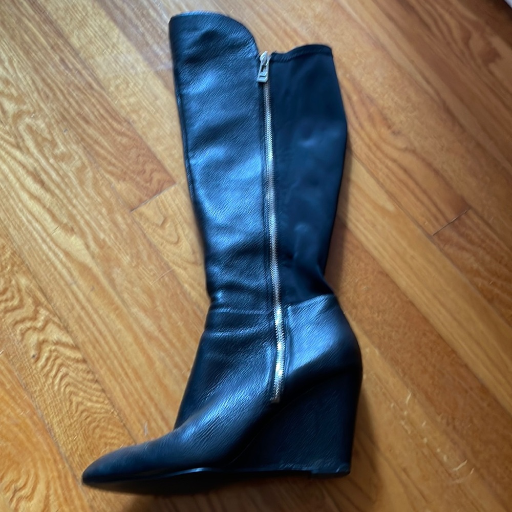 Black leather front zip wedge boot
